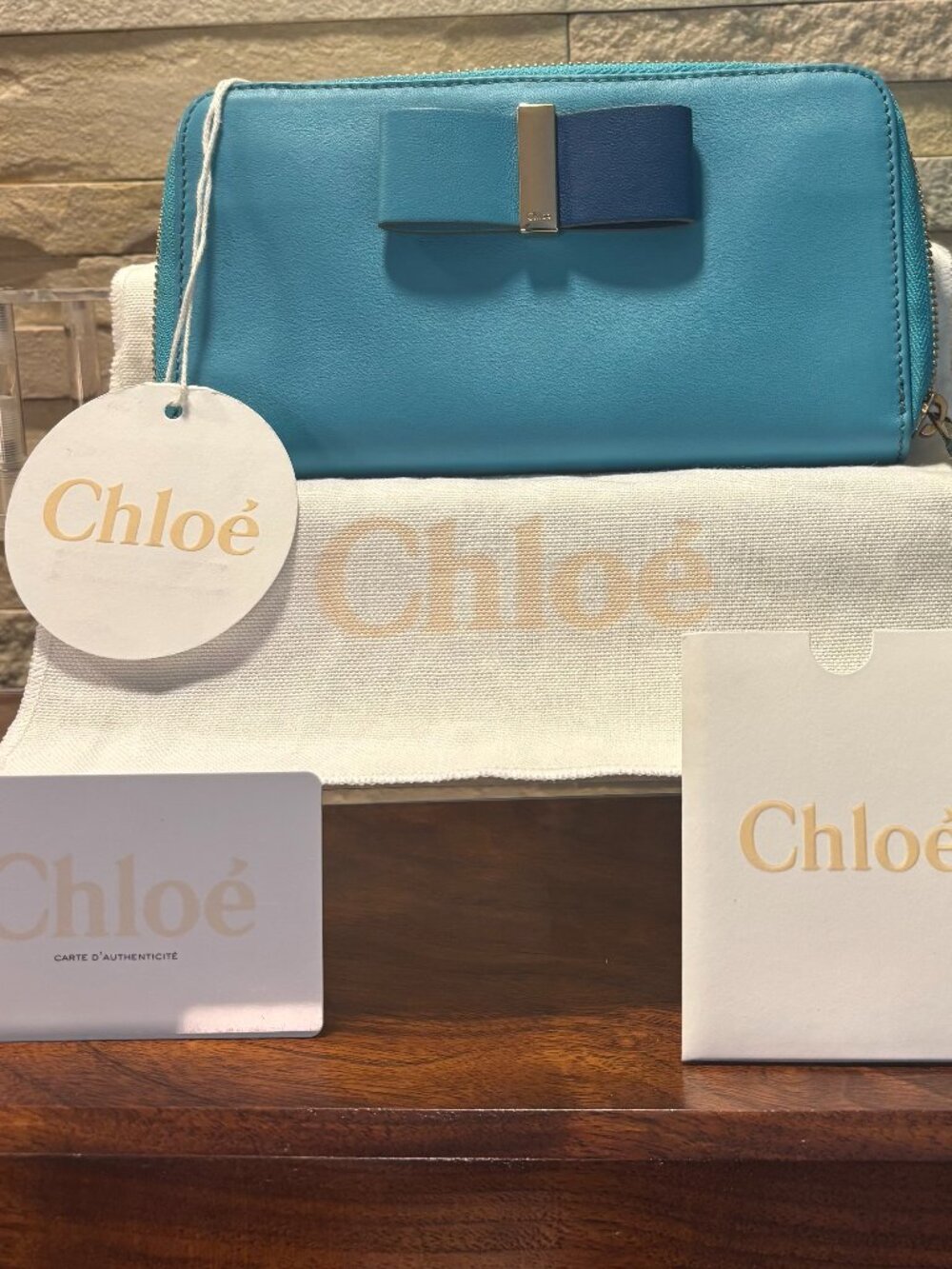 NWT Chloé Alphabet Zip Around Long Wallet Blue Grained Calfskin Leather Bow